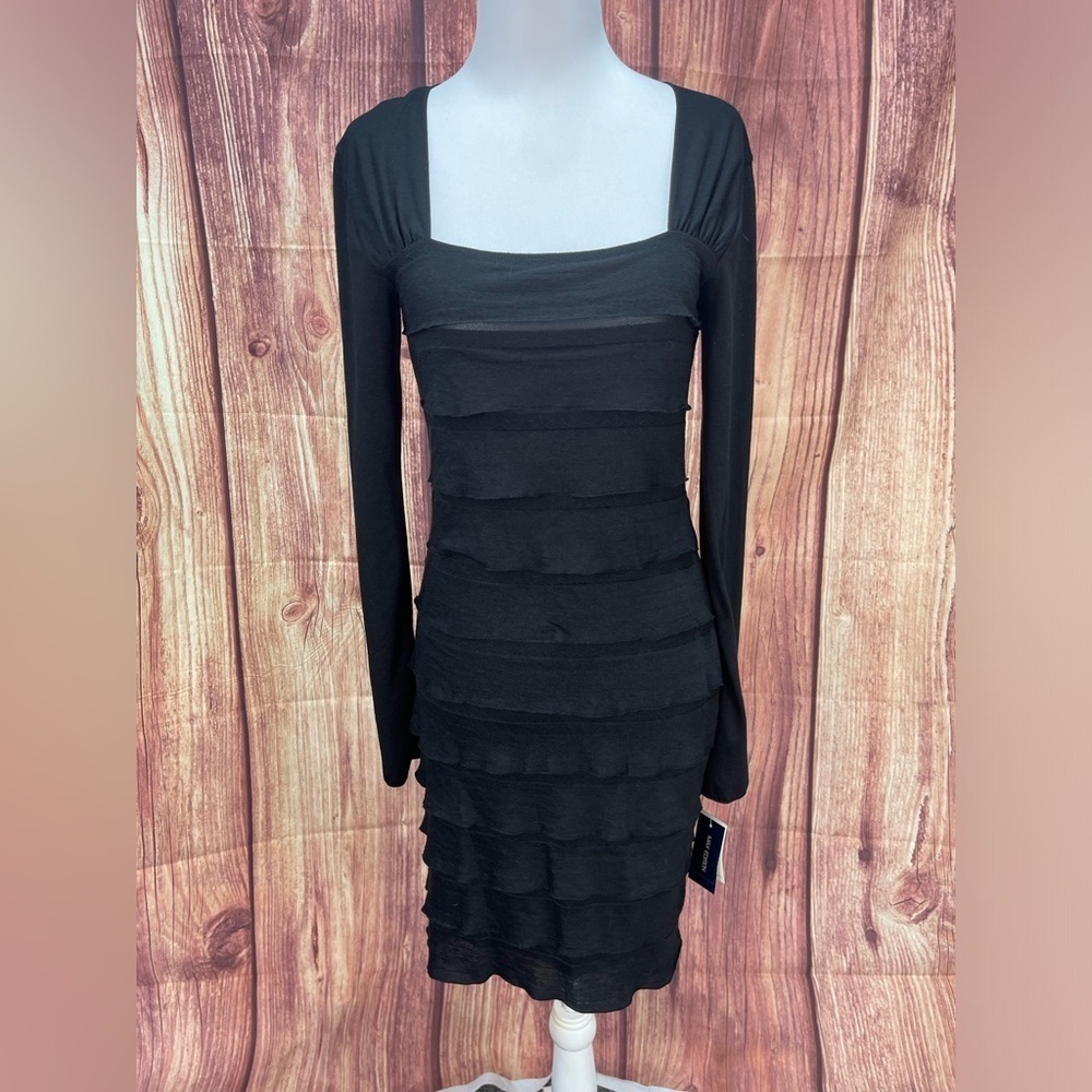 Max Edition black long sleeve fitted tiered ruffles square neck mini dress sizeM